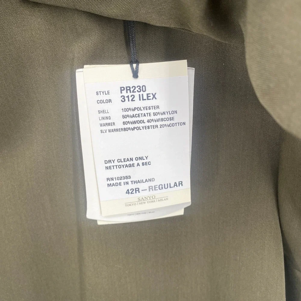 NWT Sanyo New York Mens 42R Trench Coat Olive Green Wool Lining‎ Dress Coat